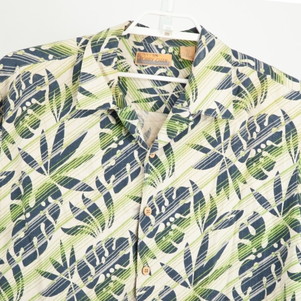 Bobby Chan Silk Tropical Monstera Leaf Shirt Mens Large Green Navy Blue Camp 408